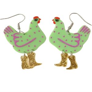 Green Chicken Earrings with Gold Boots